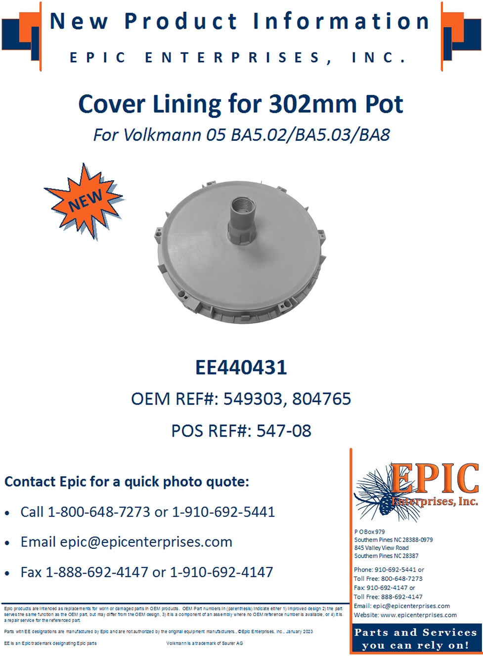 EE440431 Cover Lining for 302mm Pot for Volkmann 05 BA5.02/BA5.03/BA8